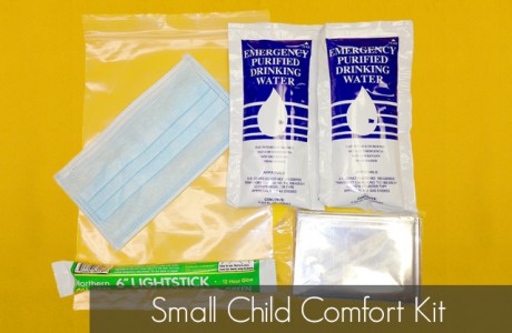 <strong>Part Number</strong> CHILD-KIT-S
<strong>CONTENTS</strong>
2 - 125ml Water Pouches (5 year shelf life)
1 - Flat Pleated Dust Mask
1 - 12 Hour Light Stick (4 year shelf life)        
1 - Emergency Foil Blanket
1 - Ziploc Bag
Products/Kits displayed may vary slightly than portrayed.