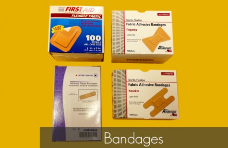<strong>Part Number</strong>
2” x 3” Patch Bandages (Fabric, 25/box) - #L-BL-019
Fingertip Bandages (Fabric, 100/box) - #938-10701607
Knuckle Bandages (Fabric, 100/box) - #001-P150110
3” Strip Bandages (Plastic, 100/box) - #230-C1808
<strong>CONTENTS</strong>
2” x 3” Patch Bandages (Plastic Available)
Fingertip Bandages (Fabric Available)
Knuckle Bandages (Fabric Available)
3" Strip Bandages (Fabric available)
Also available in Latex Free
Products/Kits displayed may vary slightly than portrayed.