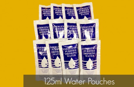 <strong>Part Number</strong> - SOS-125
<strong>CONTENTS</strong>
125ml Water Pouches (5 Year Shelf Life, Suggest 12 Pouches for 3 Day Supply of Water)
Products/Kits displayed may vary slightly than portrayed.