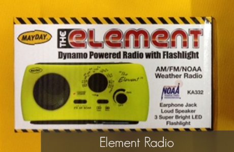 <strong>Part Number</strong>
Element Dynamo / Solar Powered, AM / FM / NOAA Weather Band Radio with LED Flashlight – D-2466
<strong>CONTENTS</strong>
Element Dynamo / Solar Powered AM / FM / NOAA Weather Band Radio with LED Flashlight
USB Charger
Will take AAA Batteries (NOT included)
Charges a Basic Cell Phone
Products/Kits displayed may vary slightly as portrayed