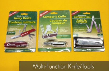 <strong>Part Number</strong>  
Multi-Function Army Knife – 9507
Camper’s Knife – 8252
Multi-Function Campers Tool – 9690
<strong>CONTENTS</strong>
Multi-Function Army Knife (includes large knife blade, bottle opener, scissors, corkscrew, can opener, Phillips screwdriver, file, toothpick, and mini tweezers)
Camper’s Knife (includes knife blade, fork, spoon, and can punch)
Multi-Function Campers Tool (includes pliers, vise grip teeth, wire cutter, 3 sizes screwdriver blades, Phillips screwdriver, can opener, punch/awl, bottle opener, file, and two knife blades with carrying case)
Products/Kits displayed may vary slightly than portrayed.