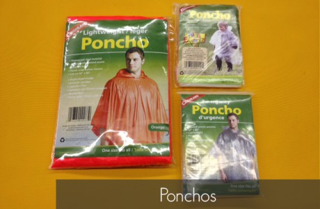 <strong>Part Number</strong>  
Lightweight Poncho (orange) – 9267
Kids Poncho – 0242
Emergency Poncho – 9173
<strong>CONTENTS</strong>
Lightweight Poncho (one size fits with hood) (available in clear, yellow, orange, and olive green)
Kids Poncho (lightweight and reusable with hood)
Emergency Poncho (lightweight and reusable with hood)
Products/Kits displayed may vary slightly than portrayed.