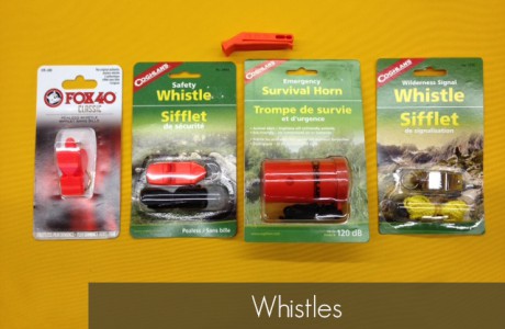 <strong>Part Number</strong>
Pealess Whistle – D-773
Classic Fox 40 Whistle – 9902-0300
Safety Whistle – 0844
Emergency Survival Horn – 1240
Wilderness Signal Whistle – 7735
<strong>Contents</strong>
Pealess Whistle (will still work even if wet)
Classic Fox 40 Whistle (115dB, pealess, will still work even if wet and can be heard for miles)
Safety Whistle (pealess, will still work even if wet, with lanyard)
Emergency Survival Horn (120dB, can be hear a mile away, floats, and comes with lanyard)
Wilderness Signal Whistle (with lanyard)
Products/Kits displayed may vary slightly than portrayed.